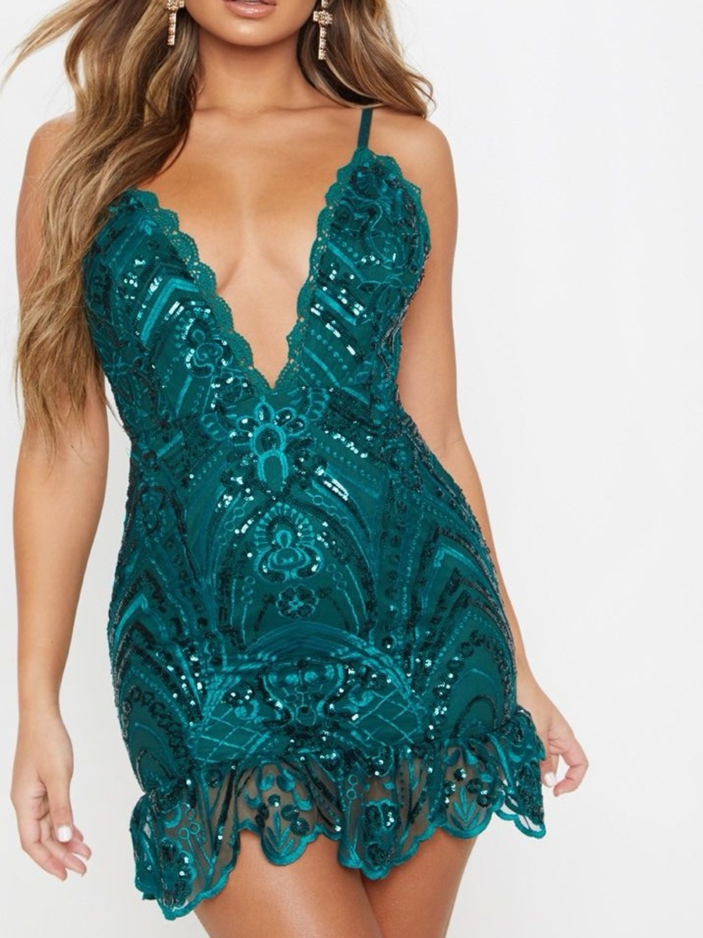 PrettyLittleThing Emerald Green Sequin Lace Frill Hem Bodycon Dress US 12